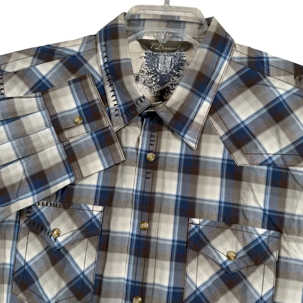 7 Diamonds Mens XL Blue Plaid Western Snap Button Embroidered Long Sleeve Shirt